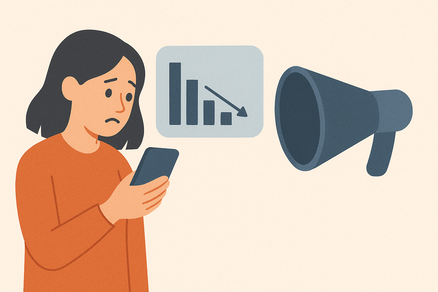 A woman with some downward trending metrics and a megaphone.