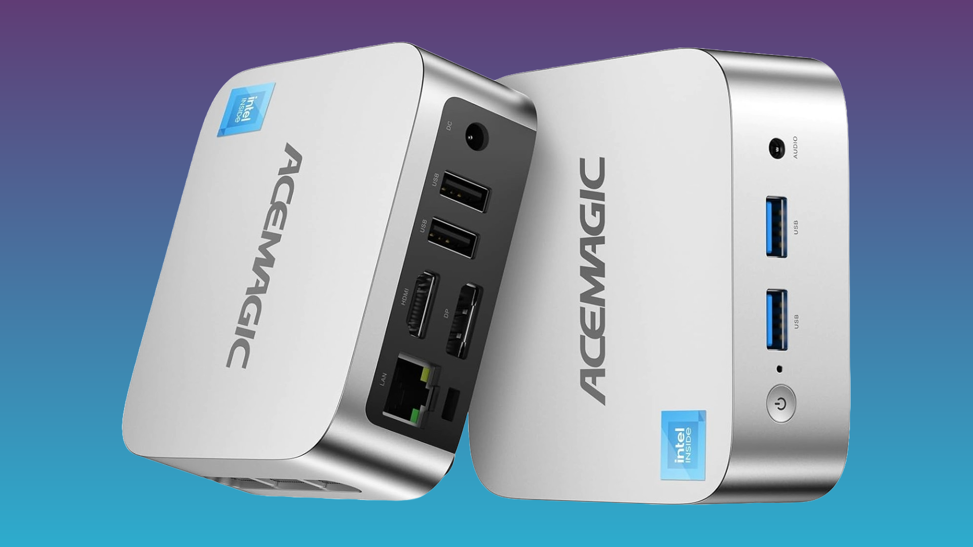 An ACEMAGIC Vista V1 Mini PC on a bluish background. 