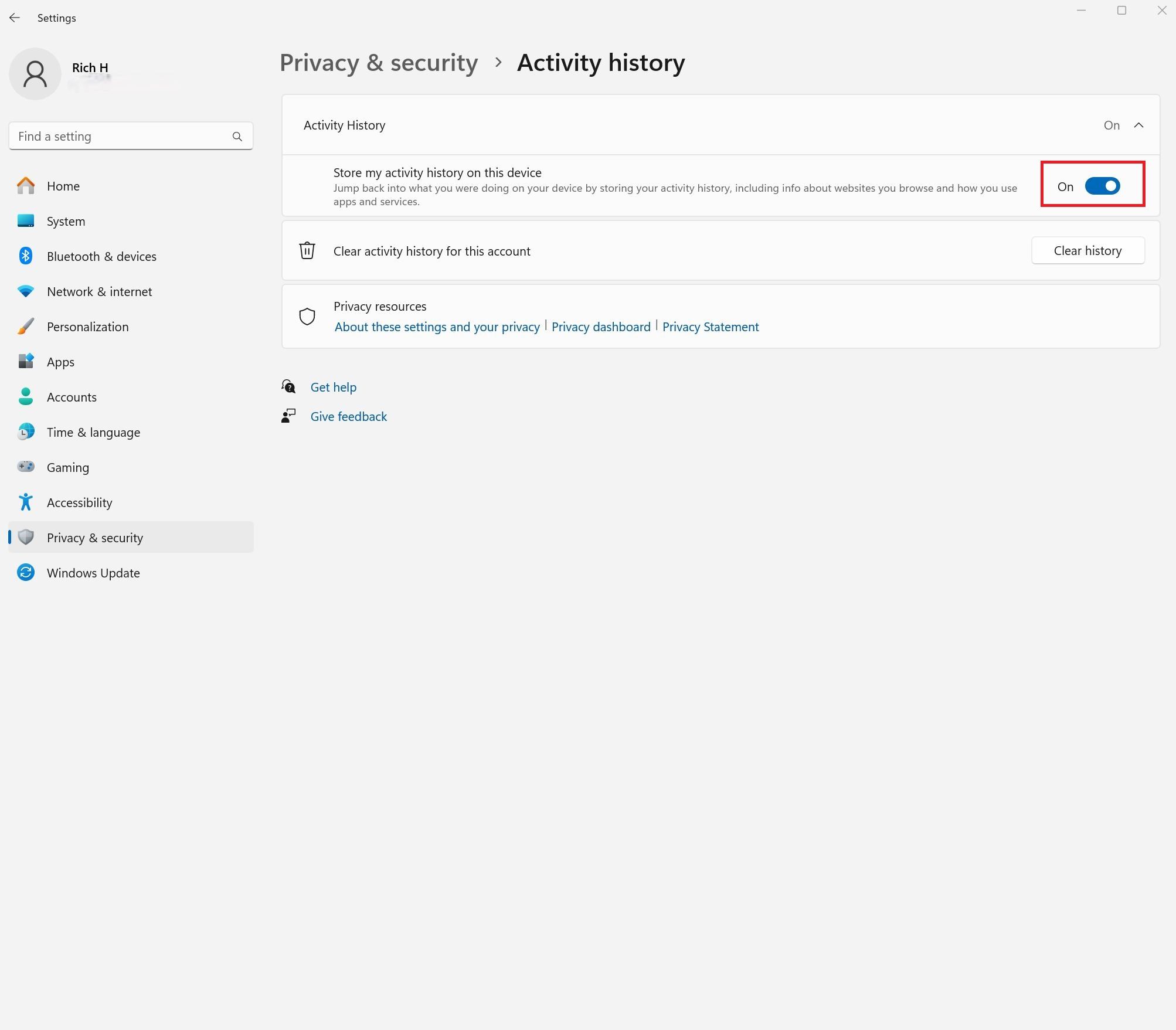 A screenshot of the activity history settings screen inside Windows 11.
