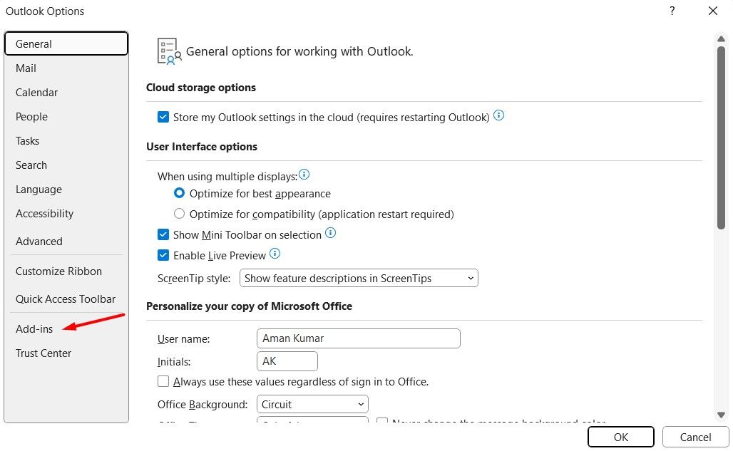 Add-ins option in the Outlook Options window.