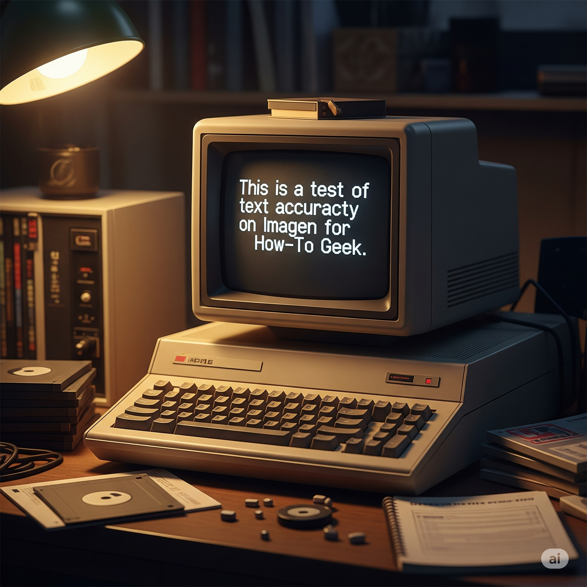 An AI-generated image of a vintage computer with some text on screen.
