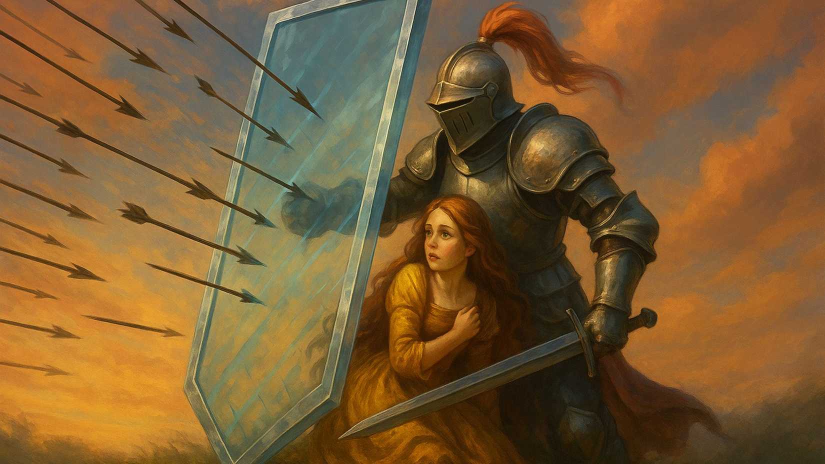 An armored knight protecting a woman from arrows with a glass shield.