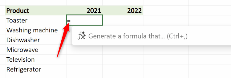 An equal sign is typed into a cell in Excel for the web, and a Copilot prompt appears where the user can descibe the formula they want to generate.