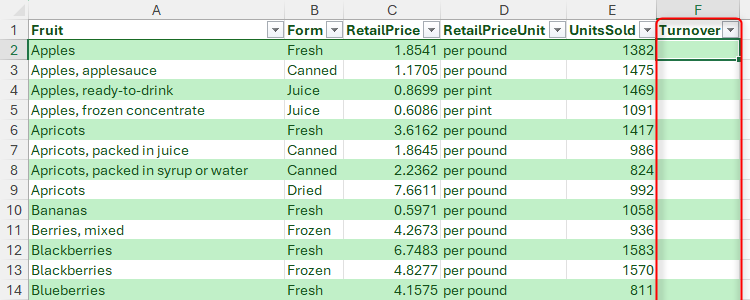 Suppose this table (called Fruit_sales), and your goal is to solve the billing for each element in column F.