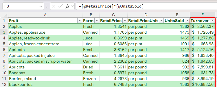 The second part of a structured reference with square supports in Excel.