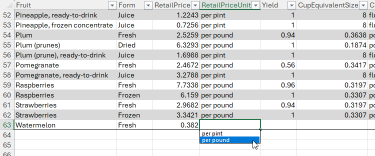 An option is selected from a temporary drop-down list of existing values in a column in Excel.
