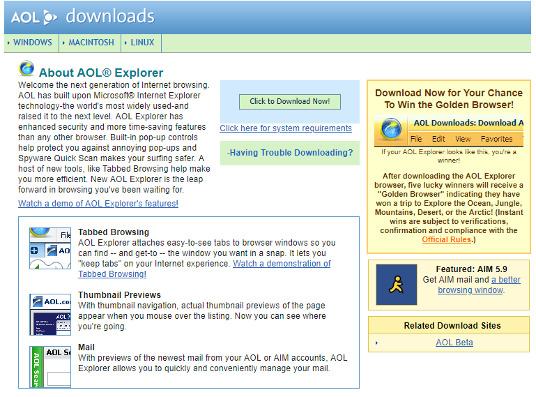 A screenshot of the AOL Explorer download page on AOL website in late 2005.
