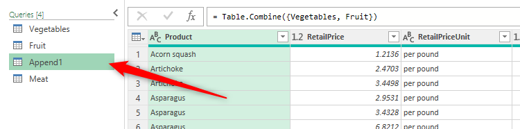 Append1 is selected in Excel's Power Query Editor Queries pane.