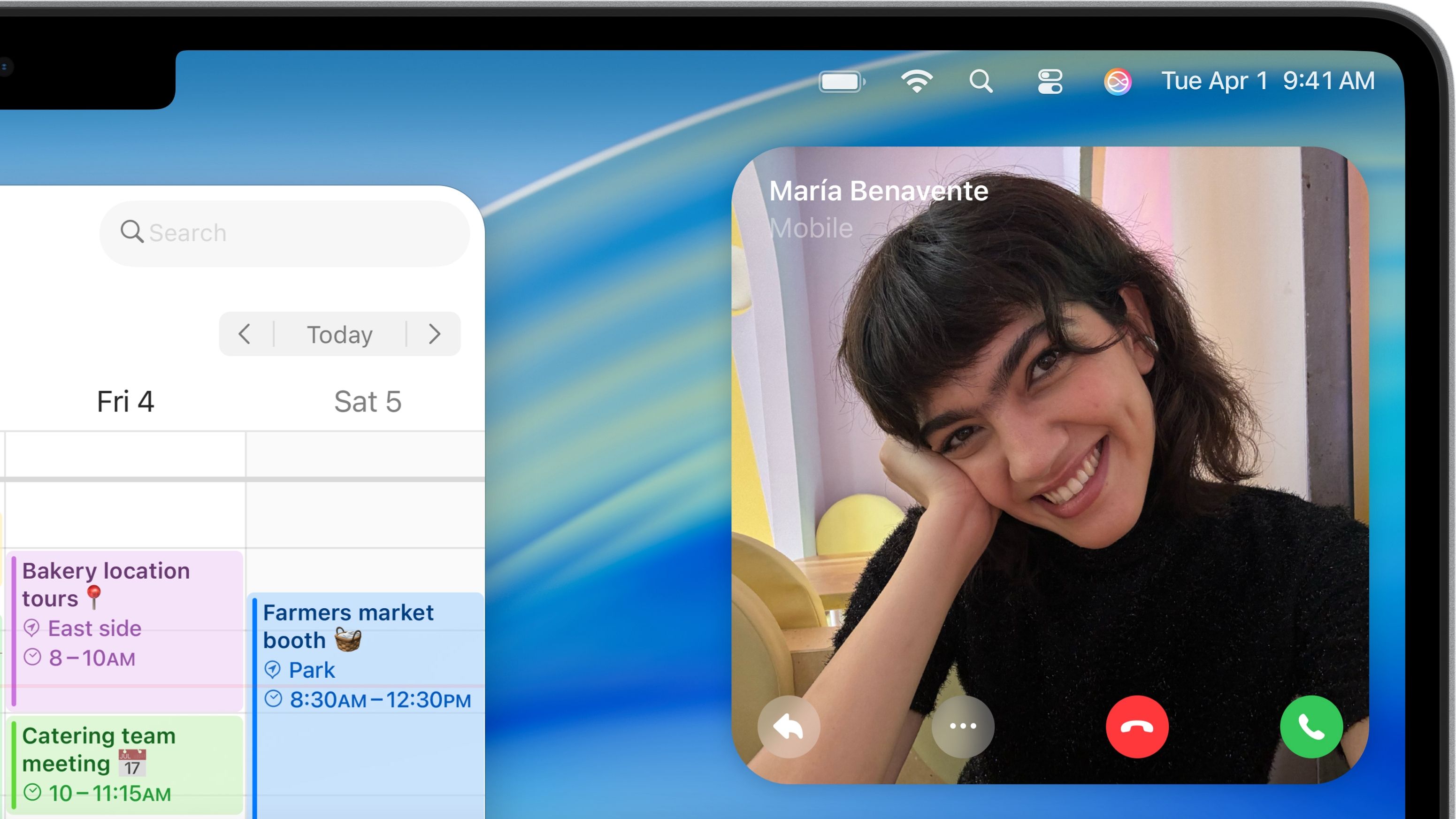 macOS Tahoe displaying a preview of an incoming FaceTime video call in the menu bar.