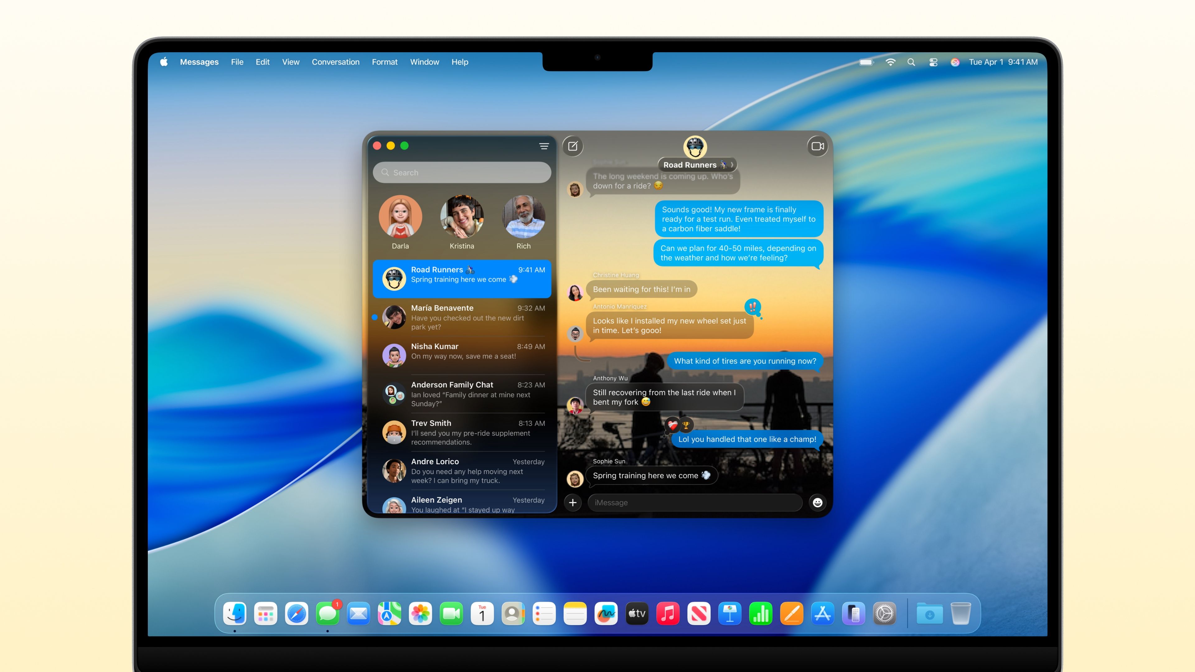 macOS Tahoe showcasing iMessage backgrounds in the Messages app.