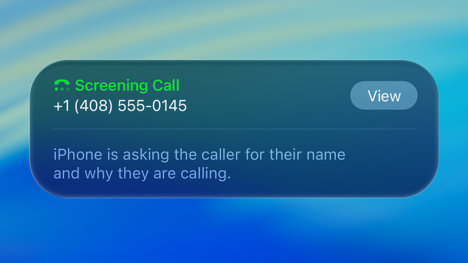 macOS Tahoe showing a call screening banner for an incoming call from an unknown number.