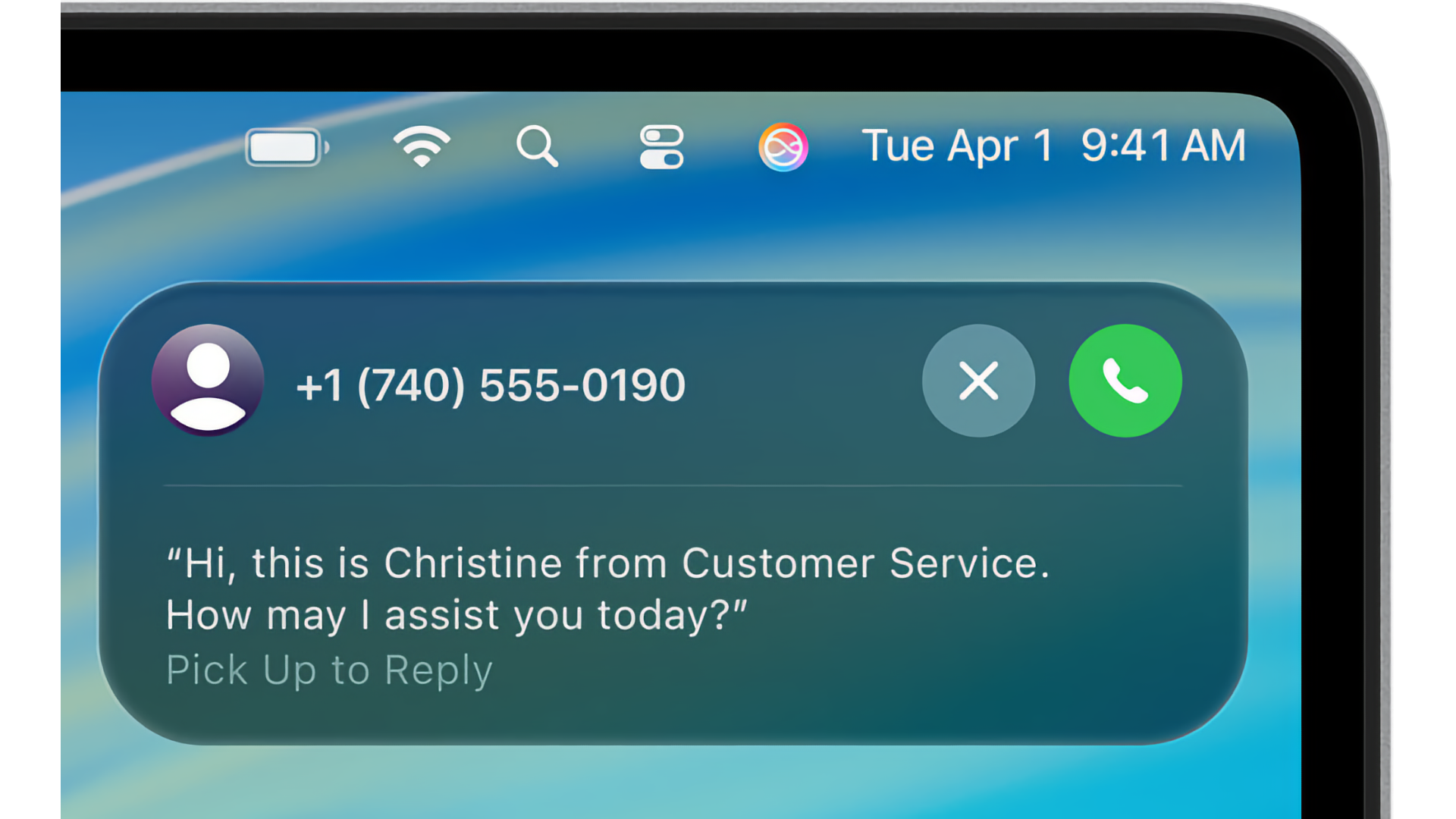 macOS Tahoe displaying a dial assist banner for an in-progress call with a support agent.