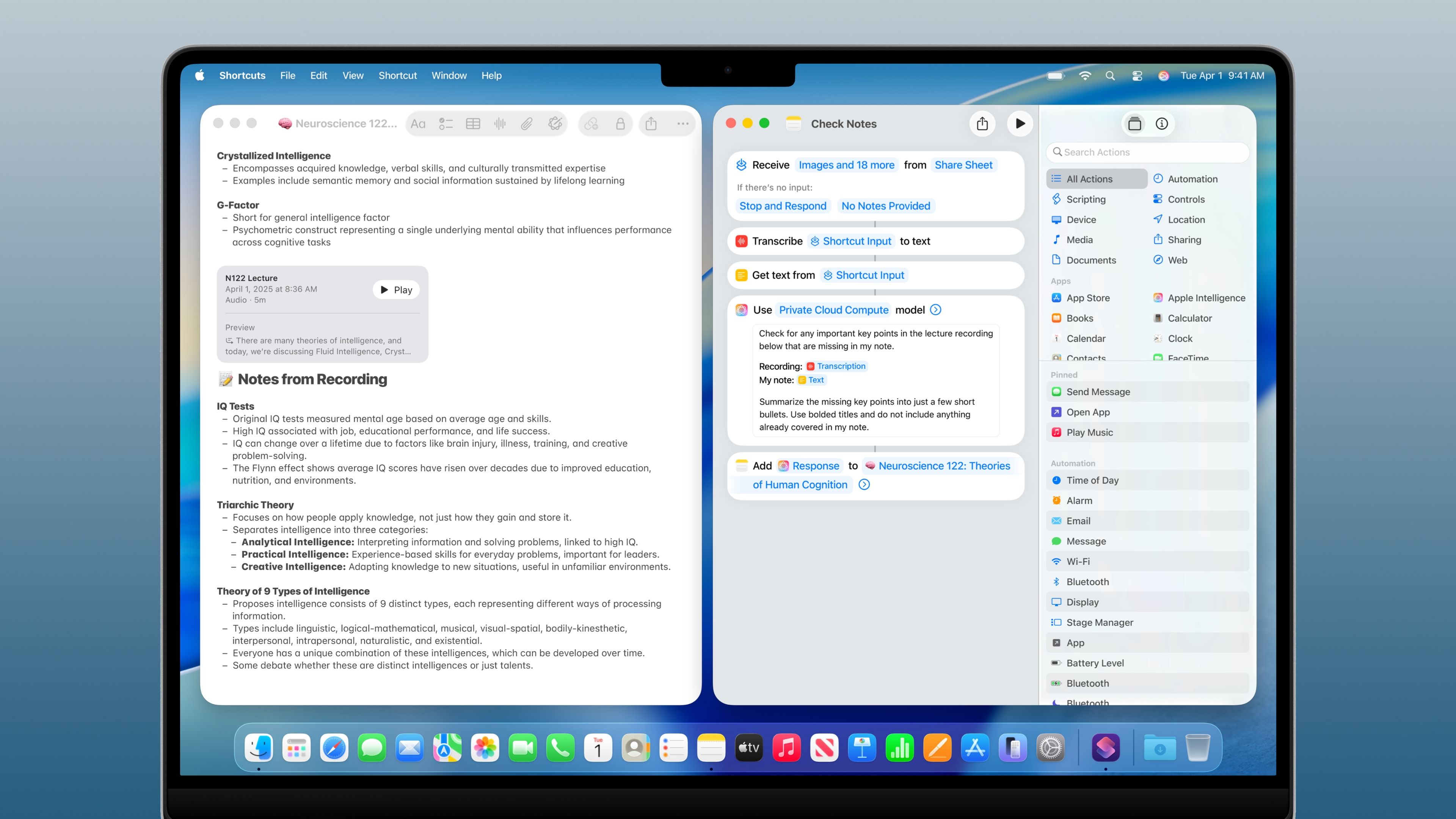 macOS Tahoe displaying an automation workflow in the Shortcuts app using AI models and Apple Intelligence actions.