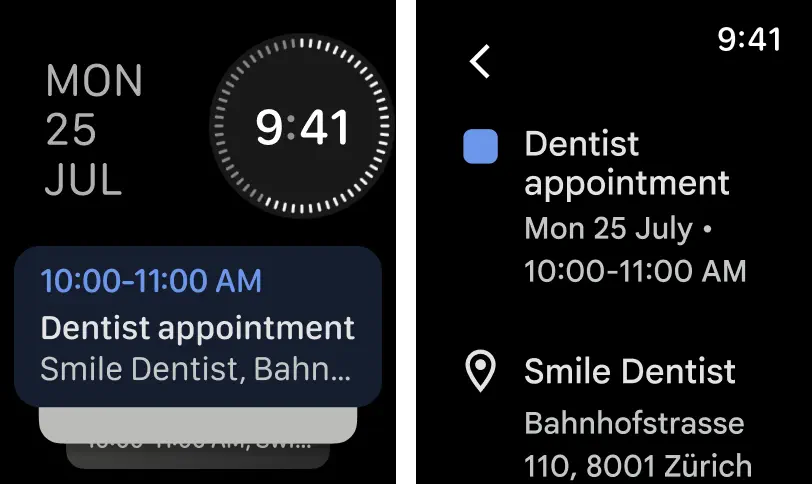 Google Calendar on Apple Watch screenshots.