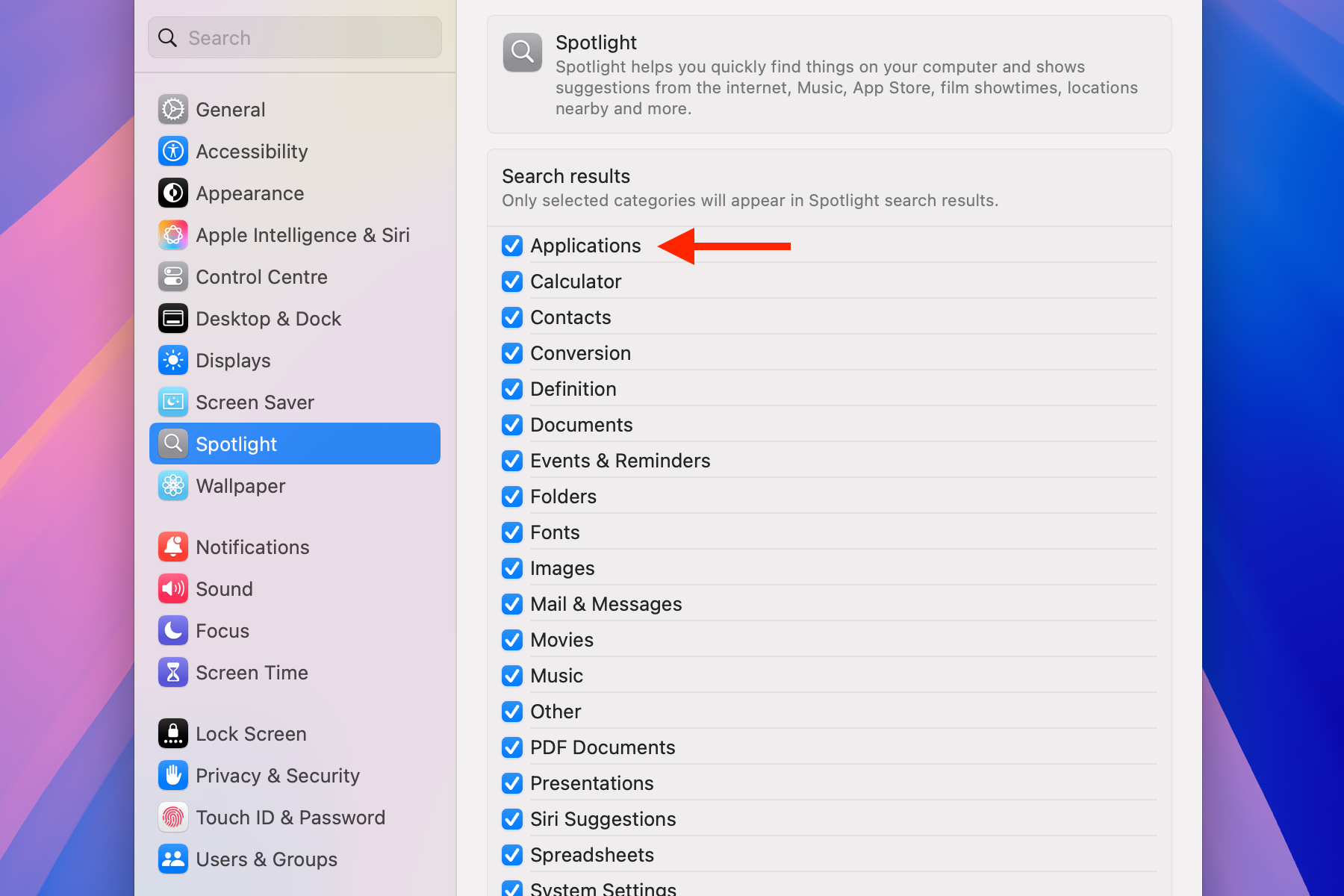 Applications checkbox for Spotlight in System Settings on Mac.