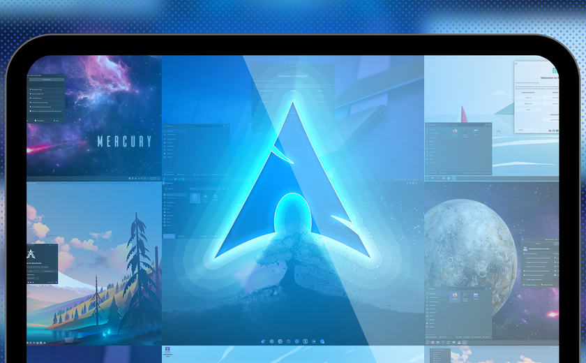 Arch Linux logo with some distros in the background.