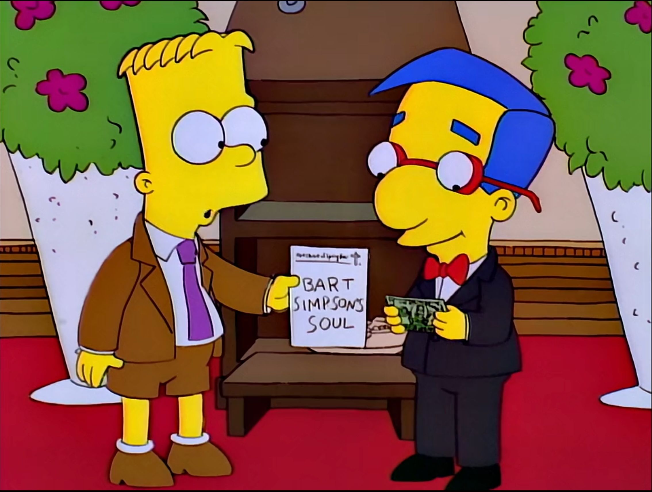 Bart sells his soul to Milhouse.