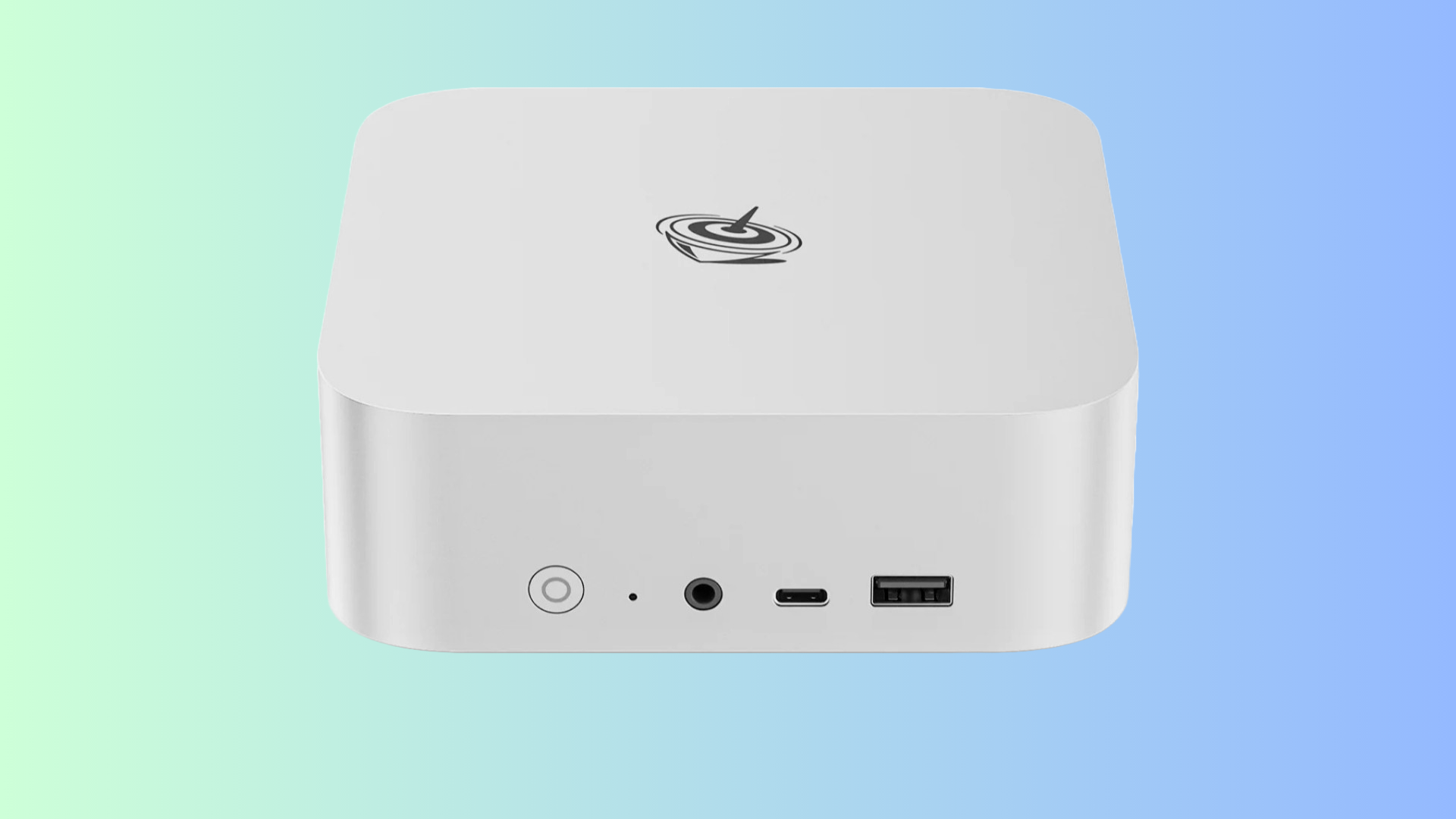 A Beelink SER8 Mini PC against a teal and blue background. 