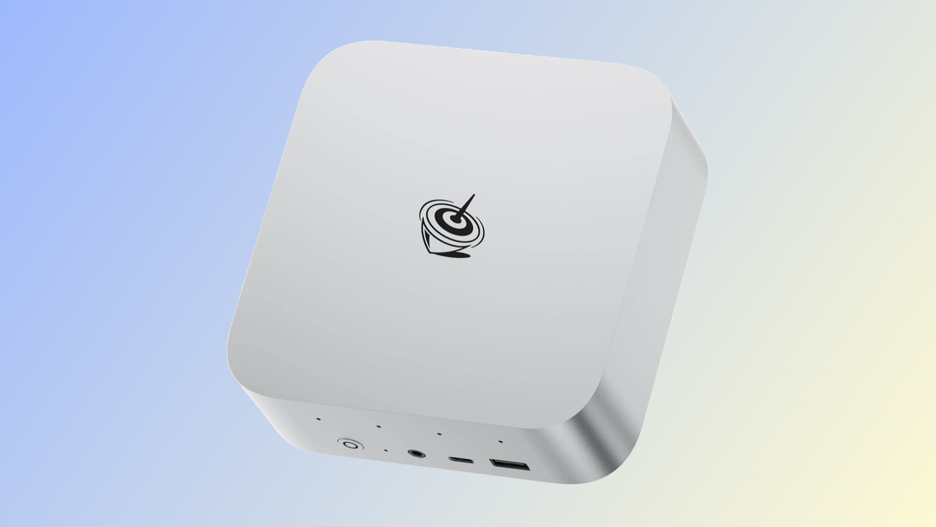 A Beelink SER9 Pro Mini PC on a light blue background. 