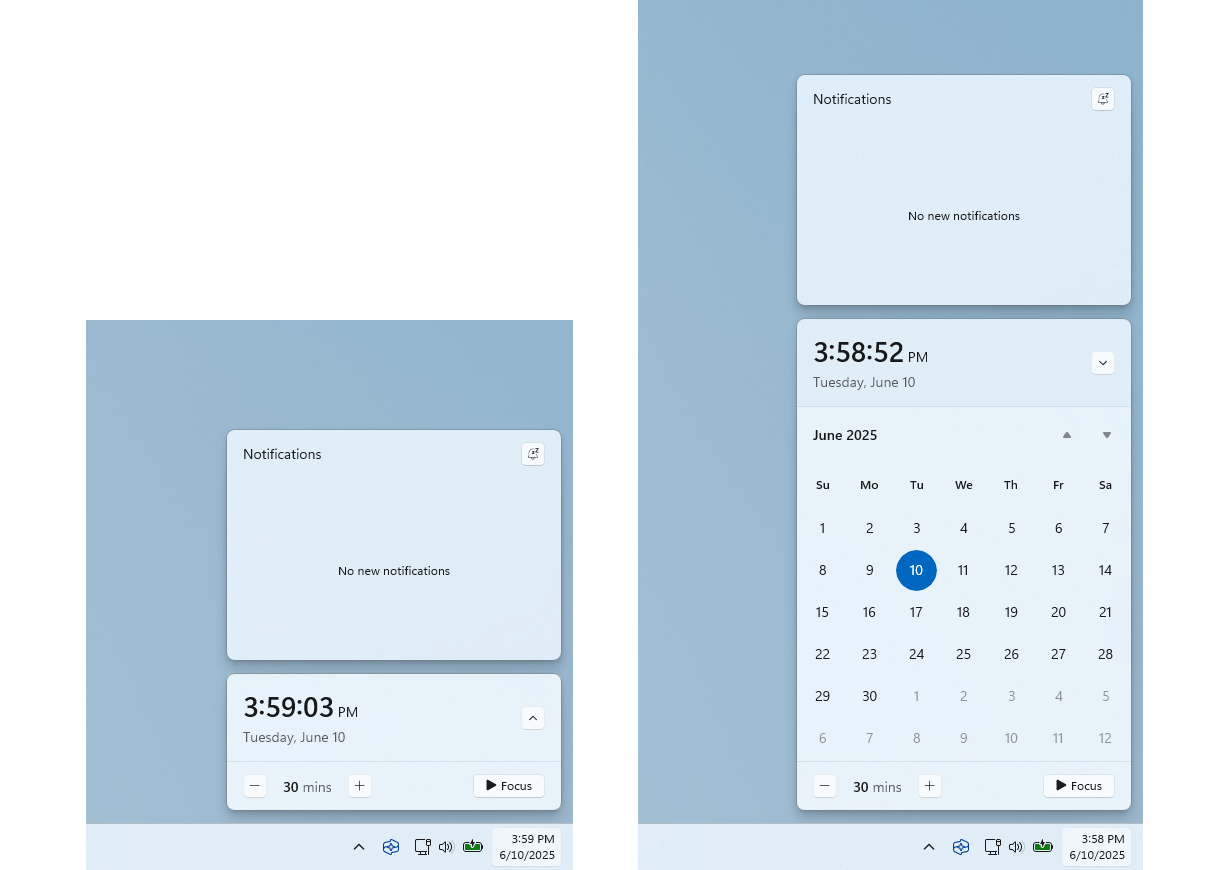 Часы в центре уведомлений Windows 11.