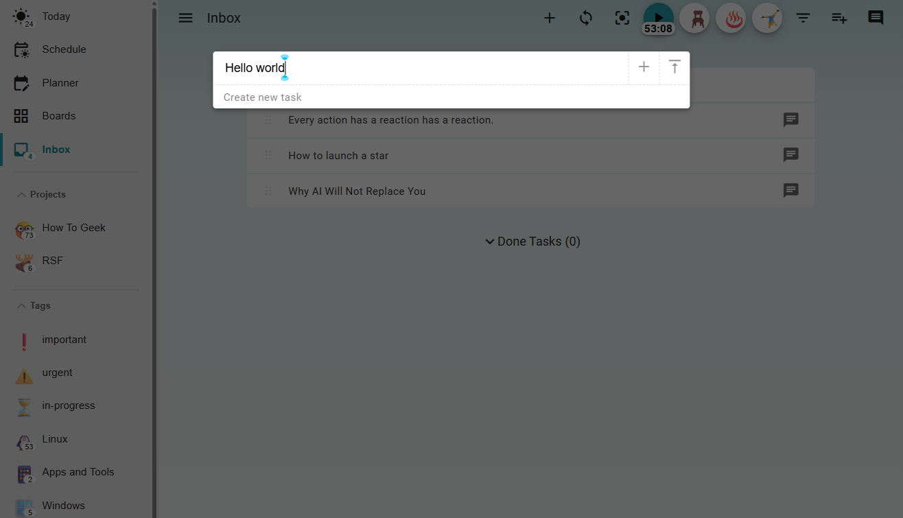 Capturing a new task in Super Productivity.