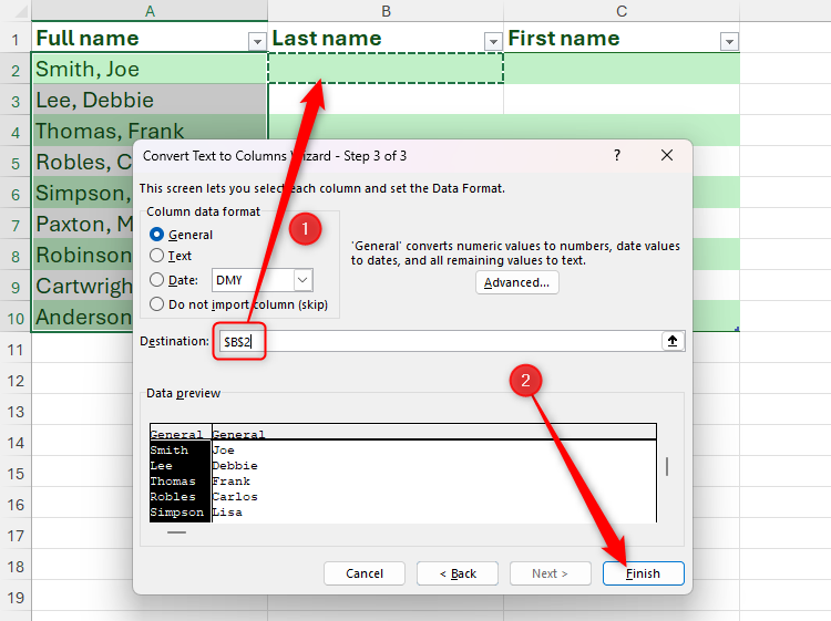 Cell B2 is selected in the Destination field of the Convert Text To Columns Wizard in Excel.