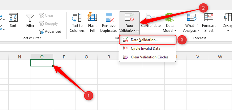 Cell O1 in Excel is selected, and the Data Validation icon is highlighted.