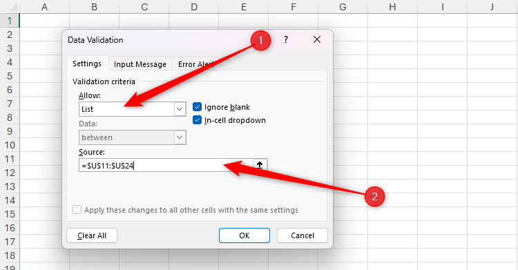 Cells are referenced in the Source field of the Data Validation dialog box in Excel.