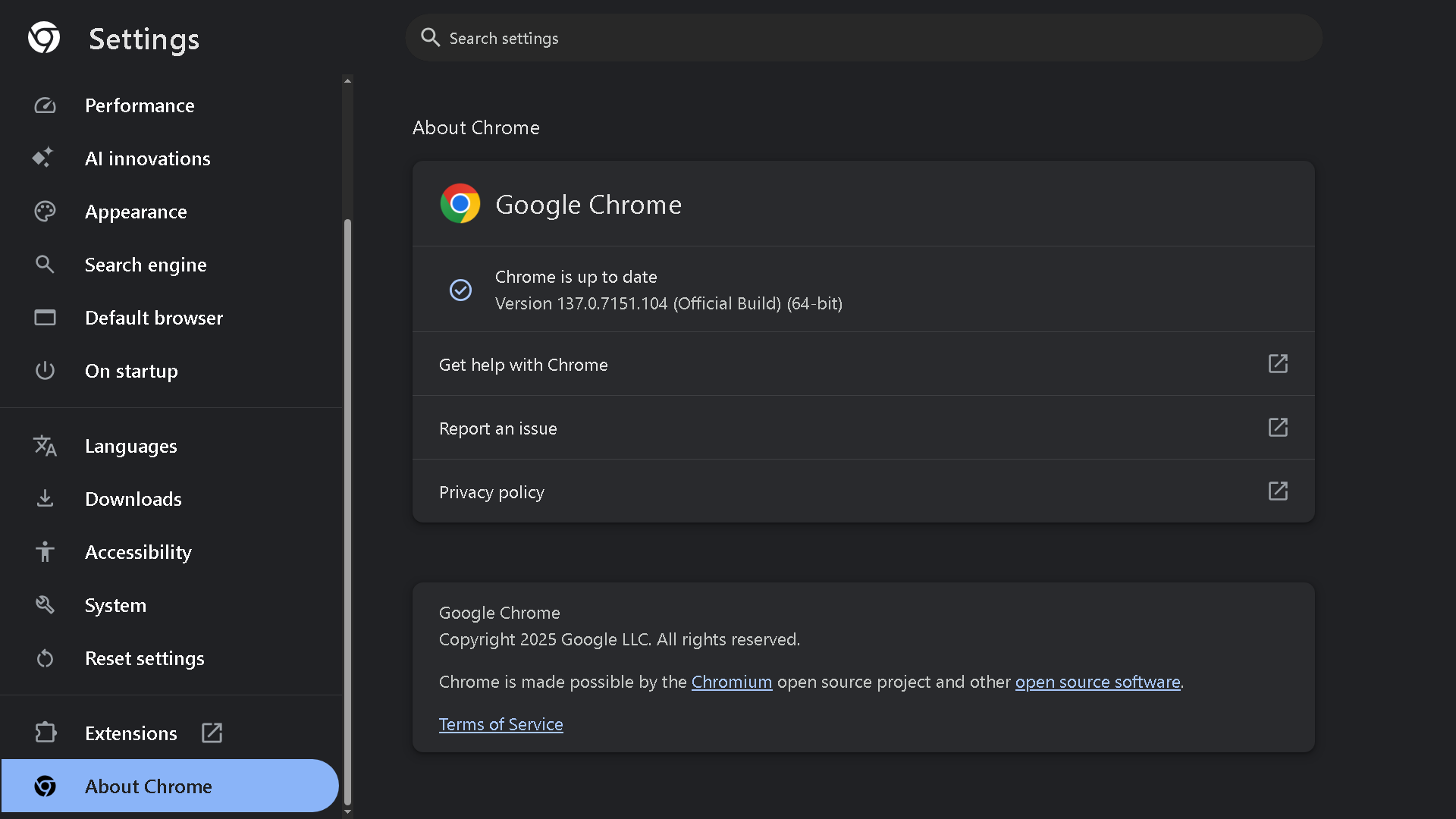 Checking Google Chrome for updates in the About Chrome tab.