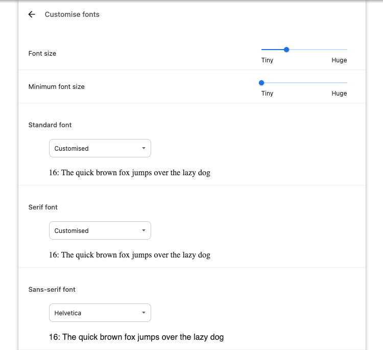 Chrome browser customization parameters include font size and favorite font families.