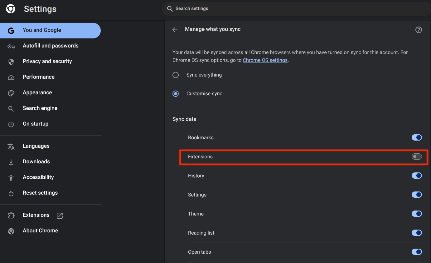 Chrome's advanced syncing options.