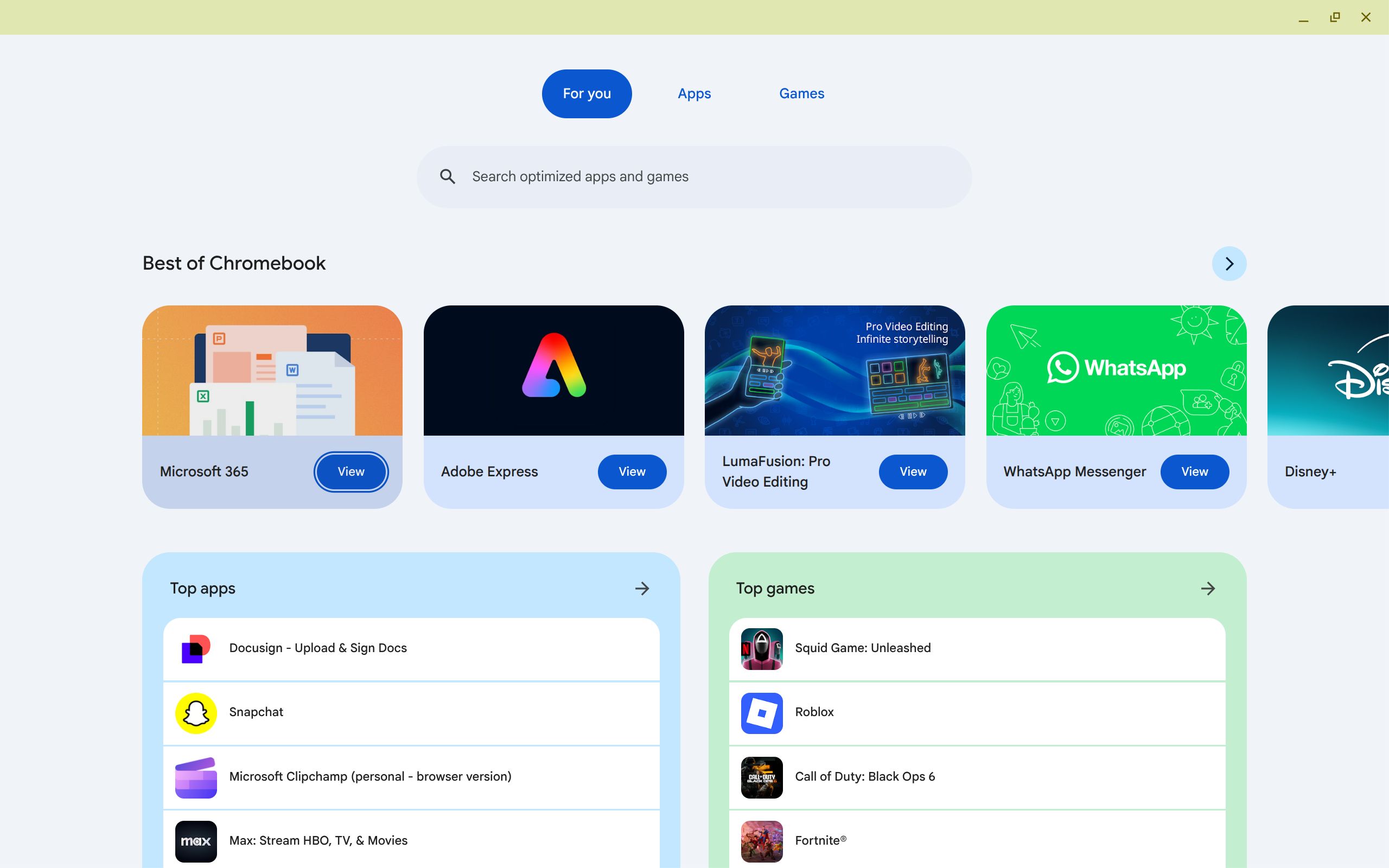 The for You tab in the Apps & Games application on a Chromebook