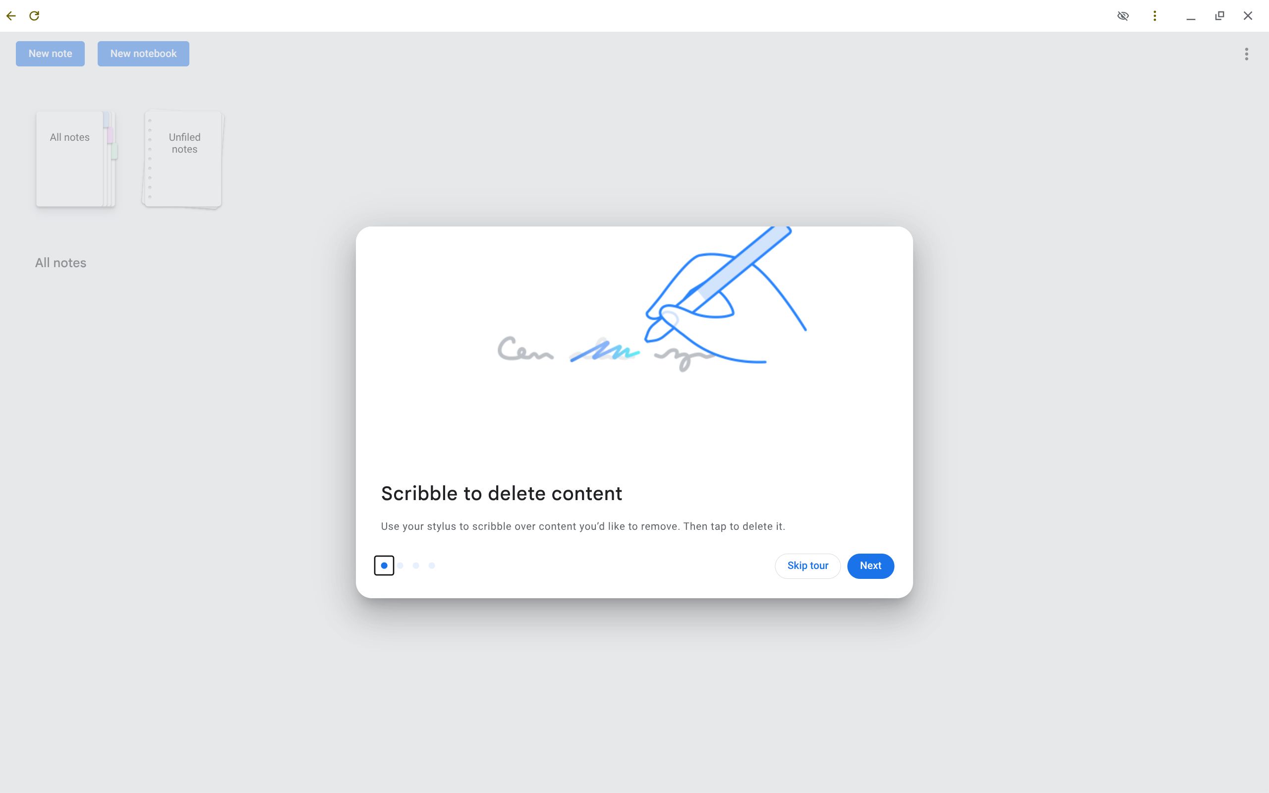 A dialog box showing the gesture erase in the cursive application on a chromebook