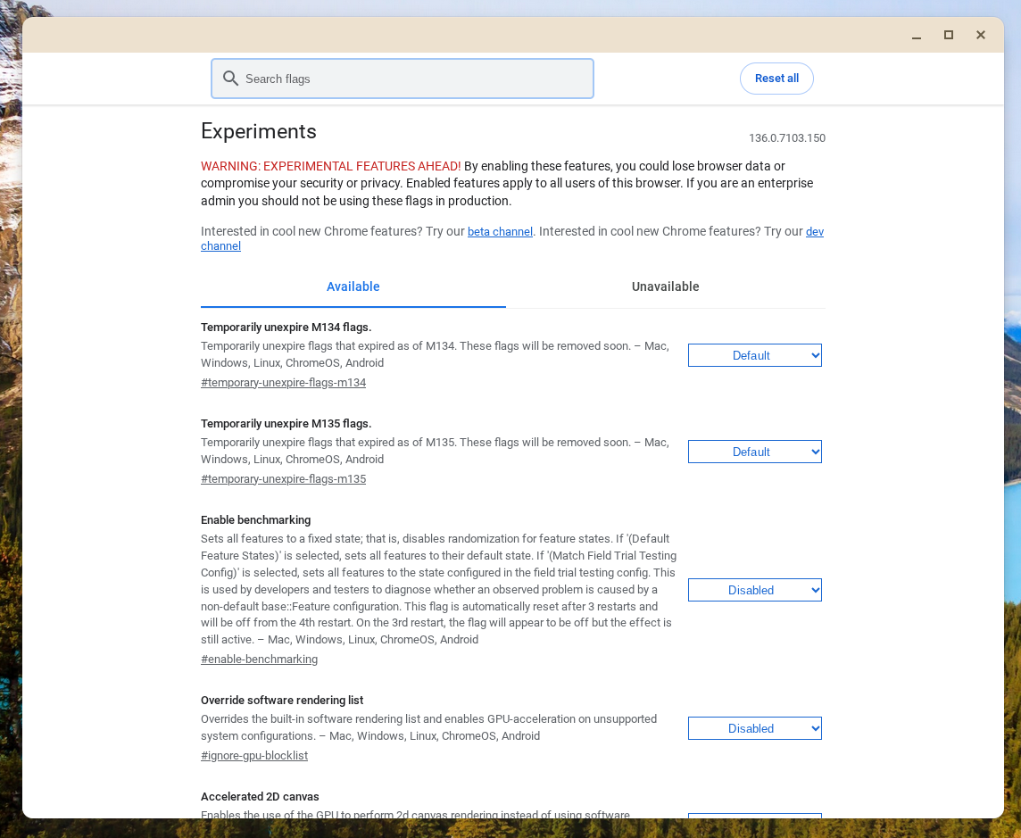 ChromeOS experimental flags page showing options.
