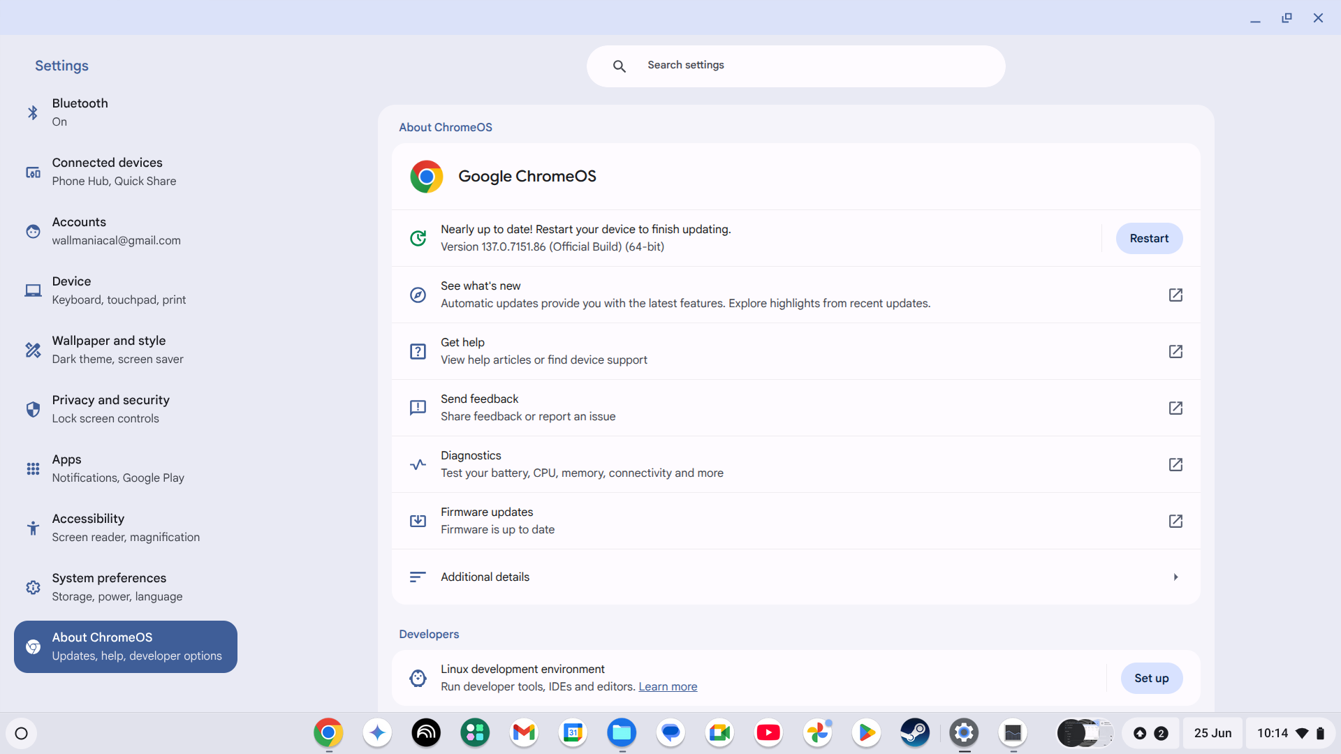 ChromeOS needs an update according to the About ChromeOS screen.