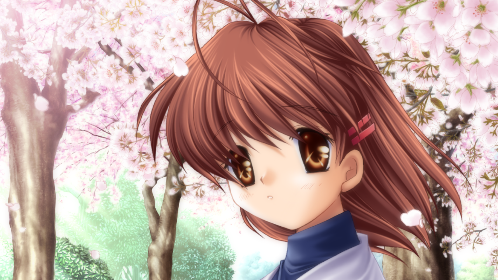 Uma captura de tela de Nagisa olhando para o jogador em frente a árvores de flor de cerejeira do clannad do jogo.