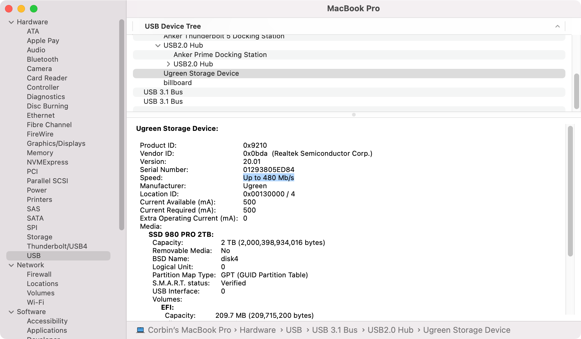 System Information app showing 480 Mb/s link speed on Anker dock.