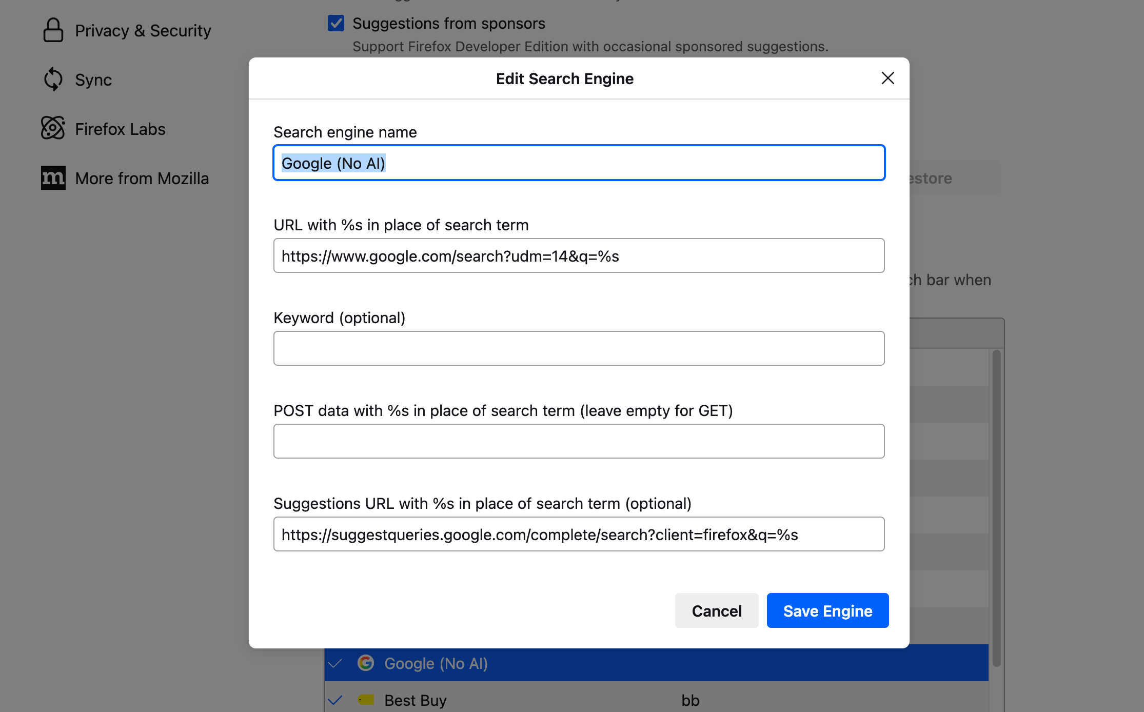 Editing a search engine in Firefox.