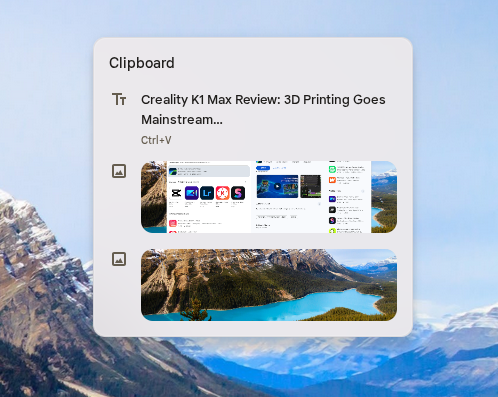 Clipboard manager showing clipboard contents with text and images on ChromeOS.