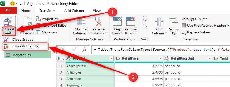 Close And Load To is selected in Excel's Power Query Editor.