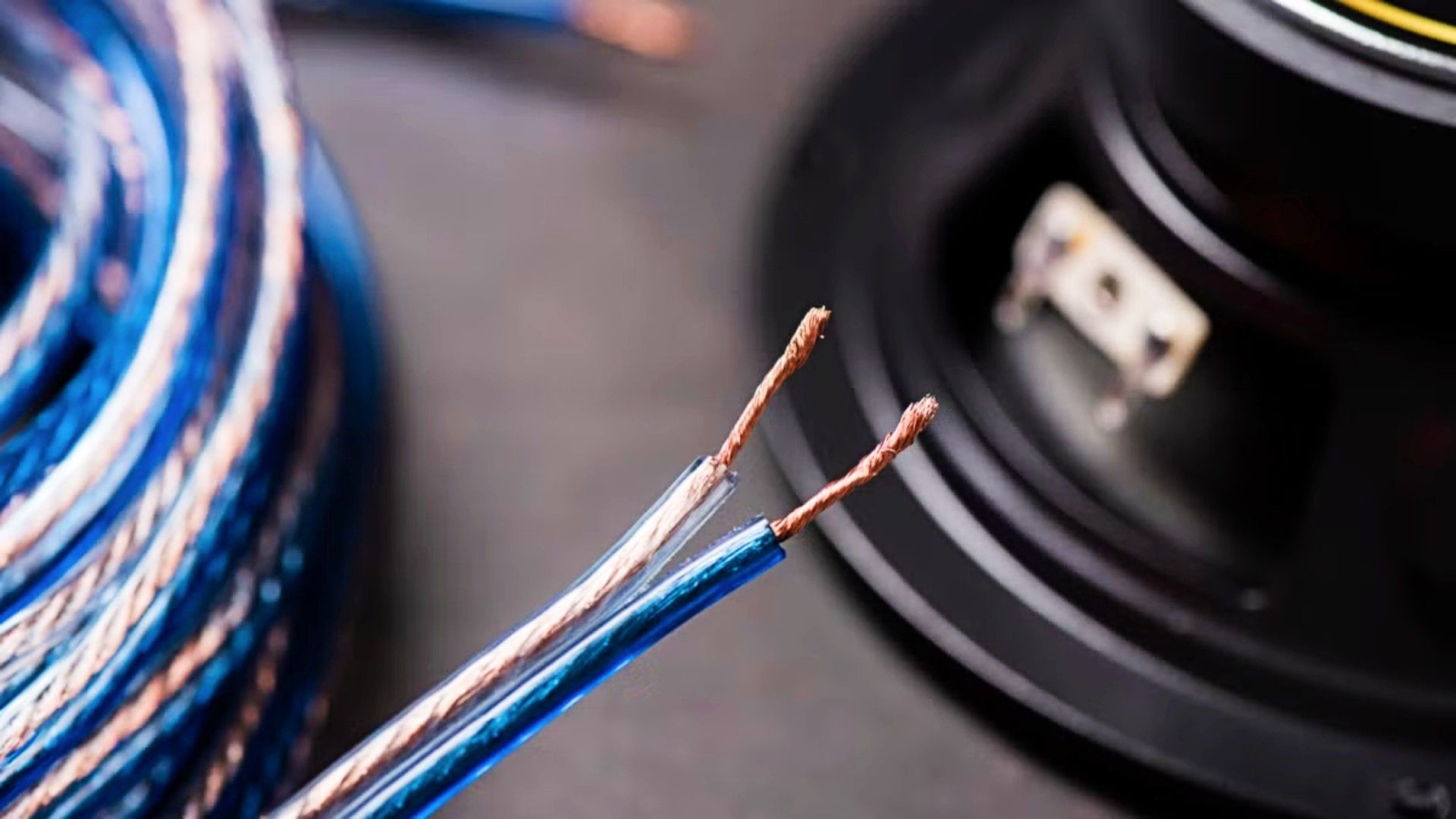 Closeup of transparent speaker wire.