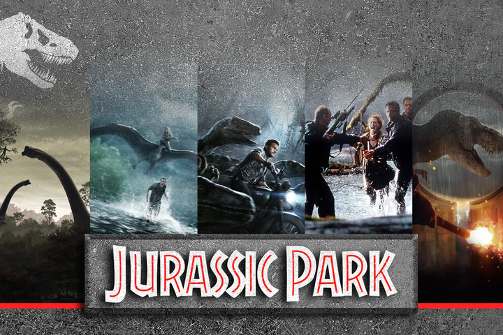 Collage featuring scenes from the Jurassic Park franchise, showing iconic dinosaurs and characters in action moments, with the title 'Jurassic Park' prominently displayed.