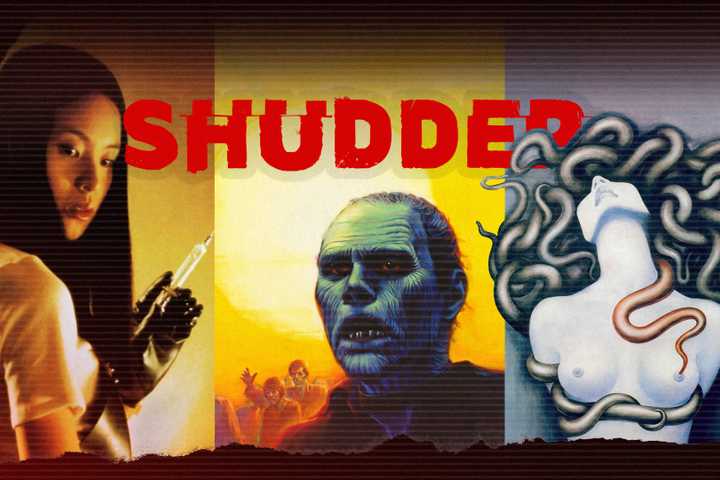 Collage of horror movie covers with a torn paper texture, featuring the SHUDDER logo prominently at the center.