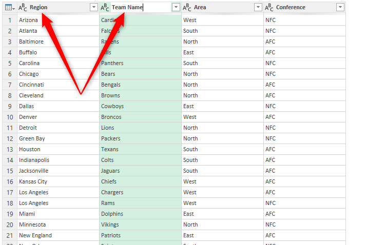 Columns being renamed in Excel's Power Query Editor.
