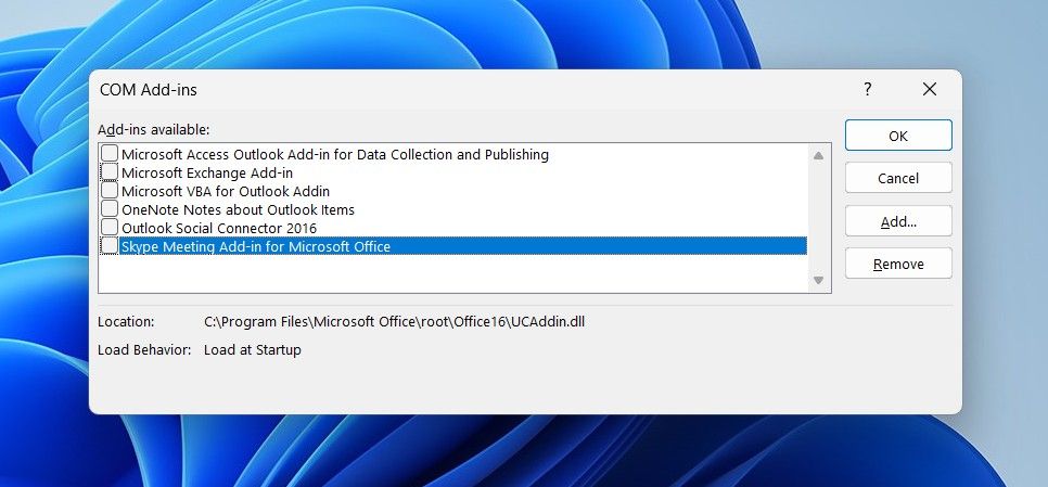 COM Add-ins window for Outlook.