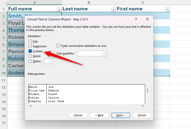 Comma is selected as a delimiter in the Convert Text To Columns Wizard in Excel.