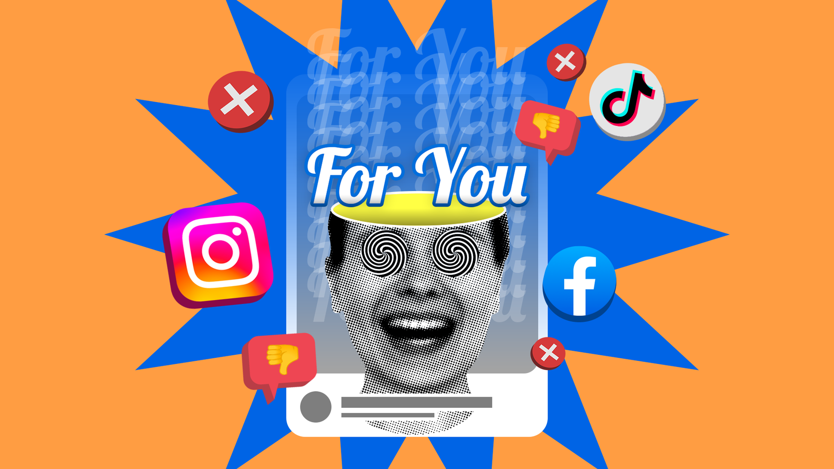 Conceptual illustration of a person hypnotized by the 'For You' page on social media, and logos of Instagram, TikTok, and Facebook surrounding the screen, along with thumbs down icons.