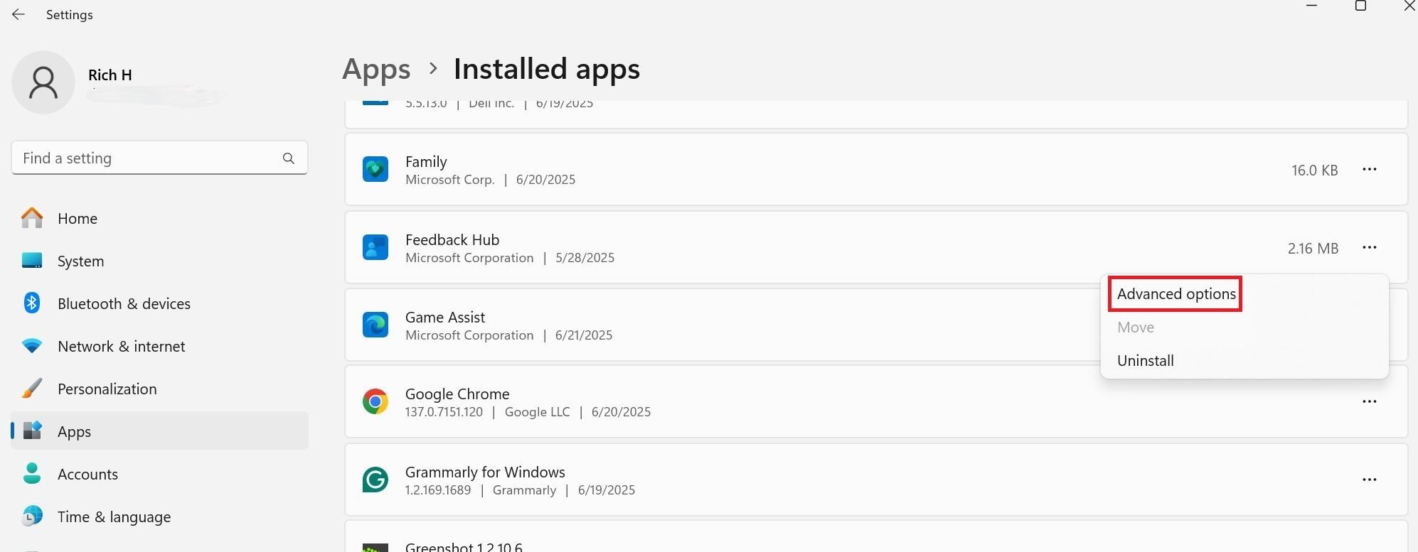 The install apps screen in Windows 11, where you can see all of your installed applications.