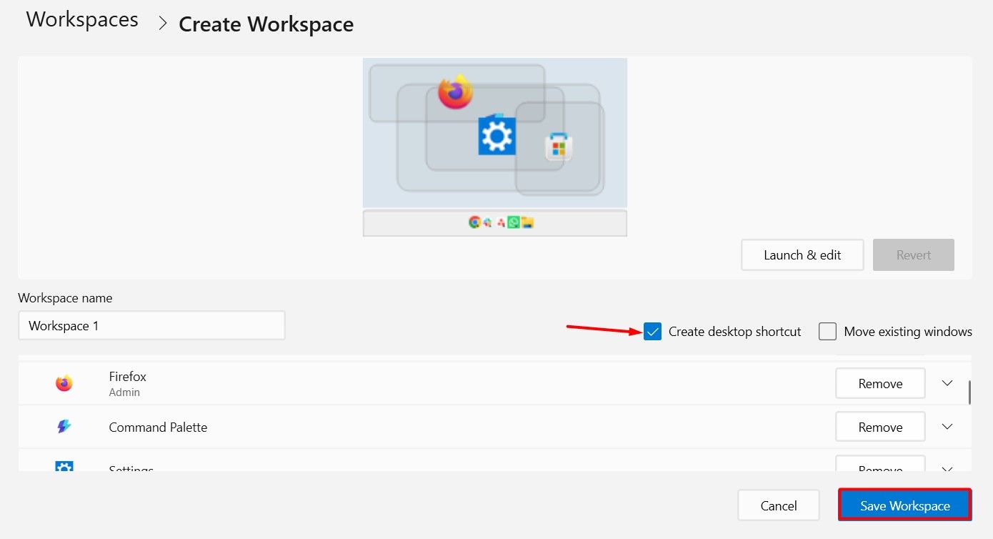 Create Desktop Shortcut option in Workspaces Editor.