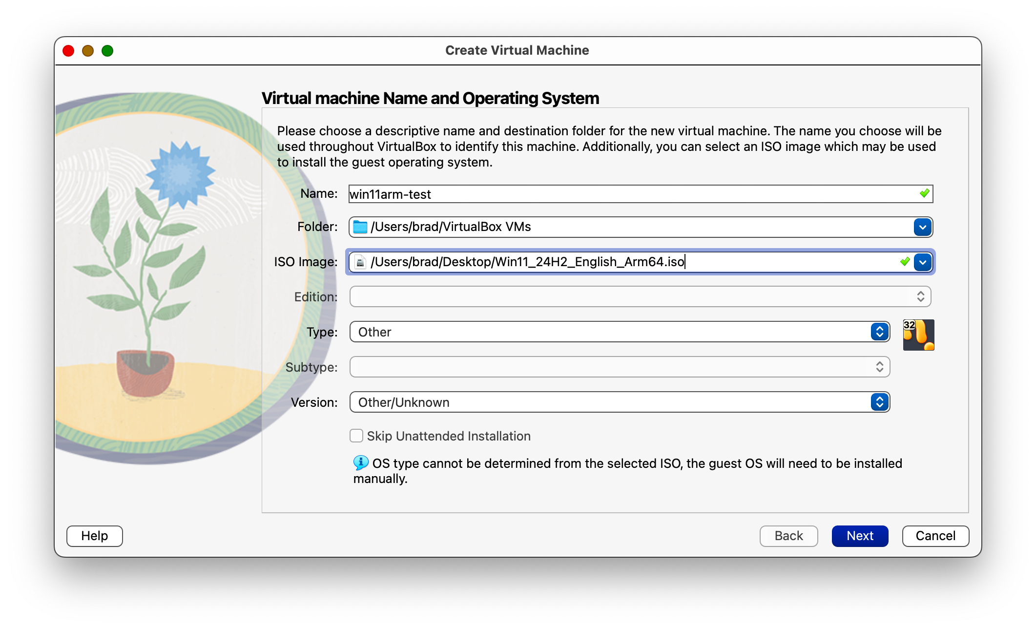 Creating a new VirtualBox Virtual Machine for Windows 11 on ARM.